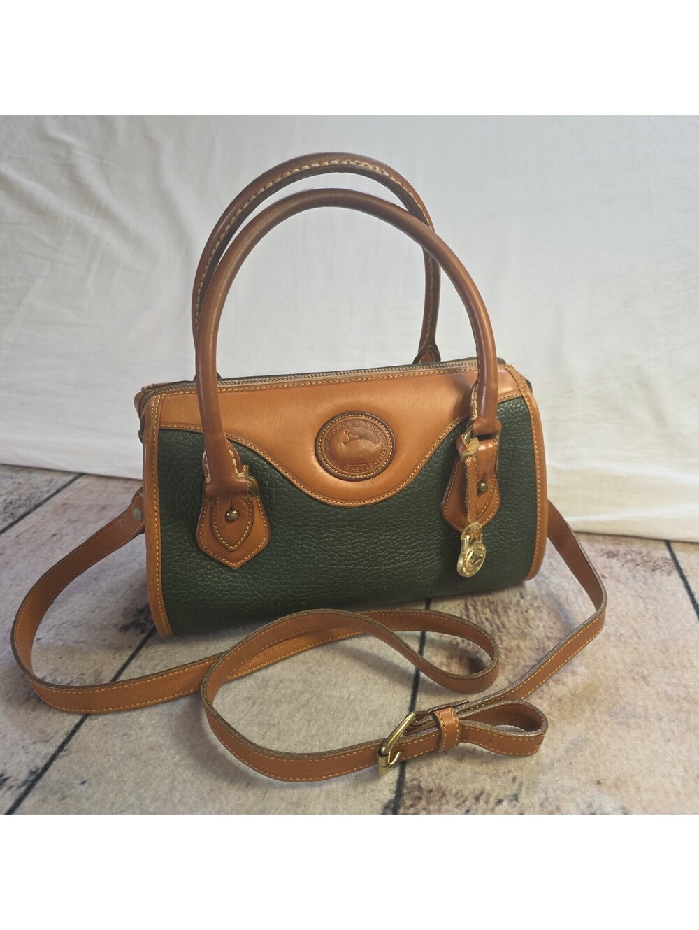 Dooney Bourke Leather Satchel Crossbody Bag Vintage All Weather, Tan/Green